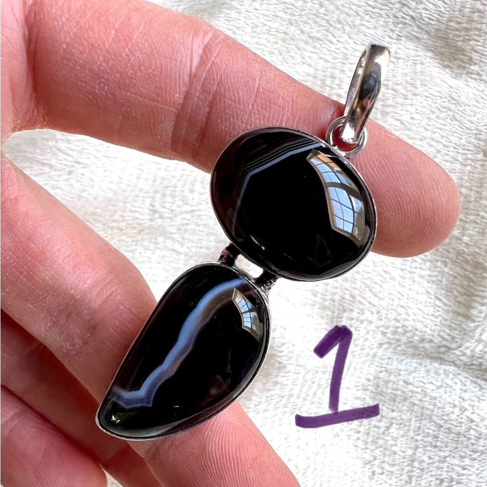 925 You Choose! Banded Black Onyx Chalcedony Pendant Necklace - Picture 4 of 10